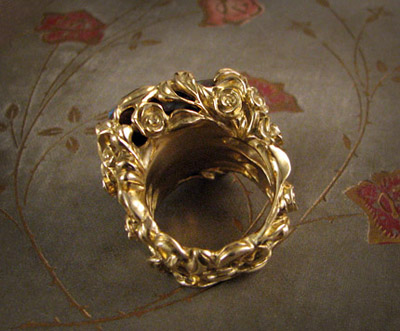 carved rosebush ring, boulder opal in 18K gold