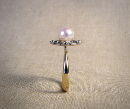 Two-tone 14K, diamond, Japanese Akoya pearl, art deco inspired ring