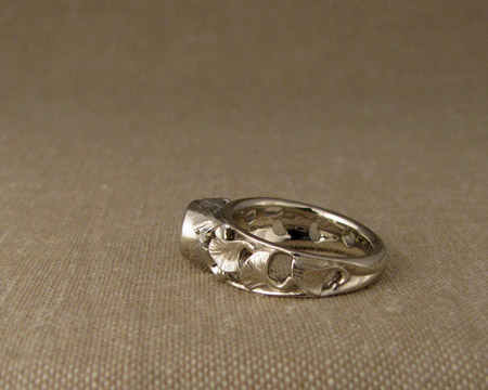 Carved ginkgo leaf and diamond solitaire, 18K white gold