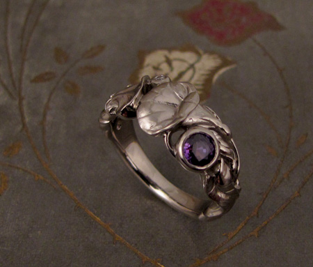 Morning glory ring, purple sapphire, diamond, 14K Palladium white gold