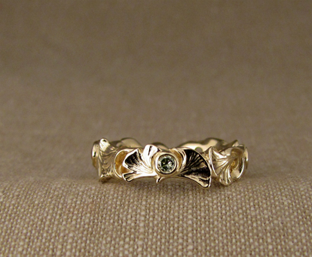 14K ginkgo ring with green diamond