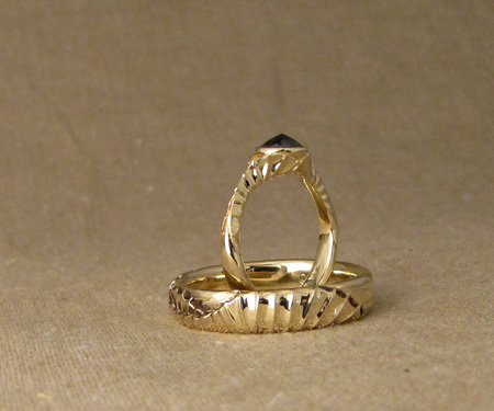 14K carved strandbeest rings + cognac diamond