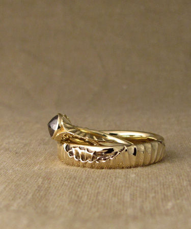 14K carved strandbeest rings + cognac diamond