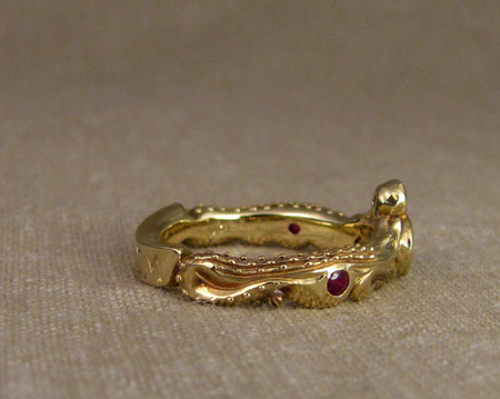 18K carved alligator band with rubies and diamonds
