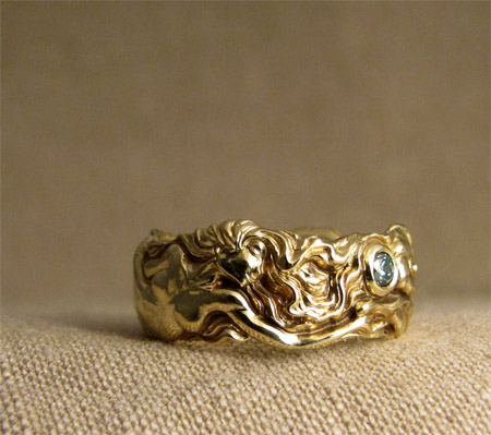 Hand-carved Mermaid ring, 18K, blue diamond