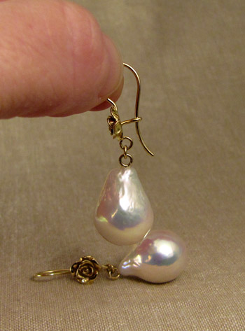 ooak 18K rose & baroque pearl drop earrings