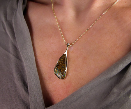 Boulder opal pendant carved ooak thorny rose 14K