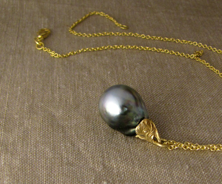 OOAK Baroque Tahitian pearl pendant with 18K carved peacock feather