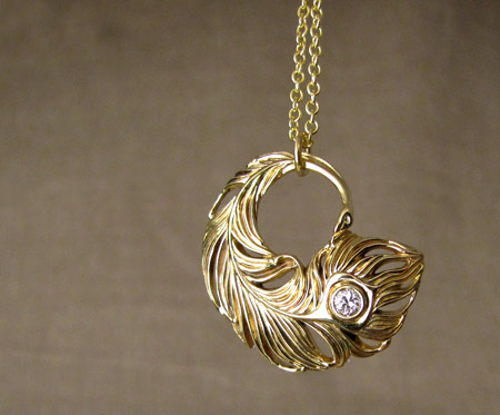 Hand-carved peacock feather pendant in 18K with 3mm OEC diamond