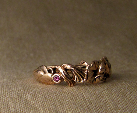 Hand-carved morning glory ring in rose gold, pink diamonds