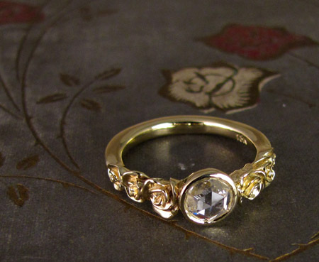 Hand-carved rose solitaire with rose-cut diamond, 18K