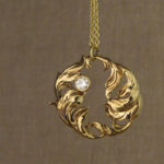 18K hand-carved Rococo Leaves Pendant with diamond, 18K