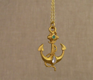22K anchor pendant w/diamond & emerald