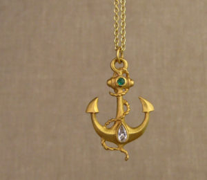 22K anchor pendant w/diamond & emerald