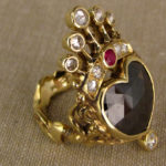 Crowned heart + dancing girls custom carved ring, black diamond + rose-cut diamonds