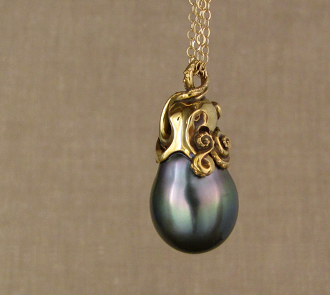 Custom carved 18K Octopus Tahitian Pearl Pendant