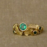 Hand-carved ginkgo & emerald ring, 18K gold