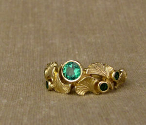 Hand-carved ginkgo & emerald ring, 18K gold