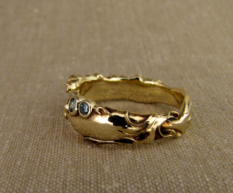 Hand-carved mermaid ring with blue diamonds, 14K gold