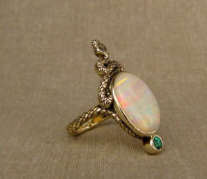 Hand-carved snake cocktail ring with opal and paraiba tourmaline, 14K gold
