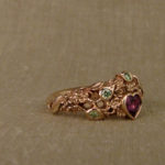 Hand-carved lilac ring with purple sapphire and pale green diamonds, 14K rose gold