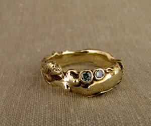 Hand-carved mermaid ring with blue diamonds, 14K gold