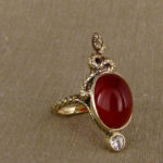 Hand-carved snake cocktail ring with Carnelian and OEC diamond, 14K gold