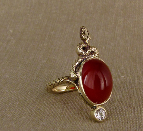 Hand-carved snake cocktail ring with Carnelian and OEC diamond, 14K gold