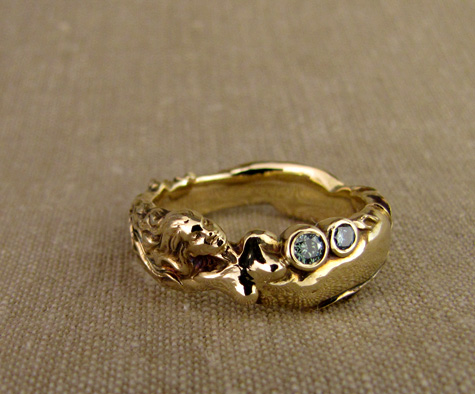 Hand-carved mermaid ring in 14K gold + diamonds