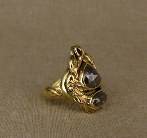 Custom-carved Swan ring, 18K + gray rose-cut diamonds