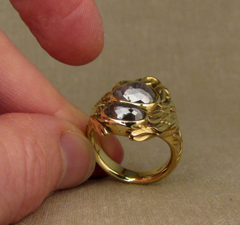 Custom-carved Swan ring, 18K + gray rose-cut diamonds