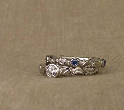 Custom designed & carved wedding set: oak & cherry leaves solitaire + eternity band with diamond & sapphire, palladium