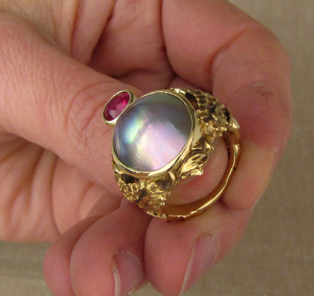 18K Custom hand-carved seahorses ring with mabe Cortez Pearl & ruby