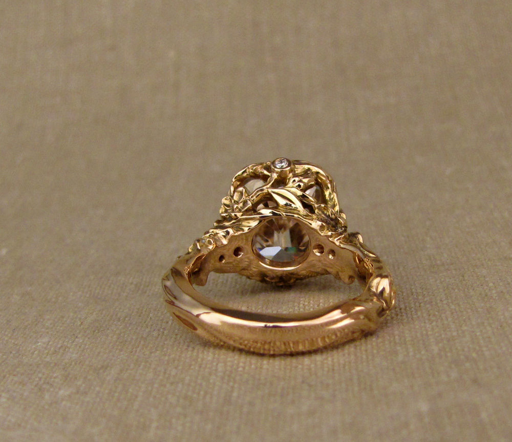 20K gold solitaire hand-carved with Japanese peach blossoms and honeybees