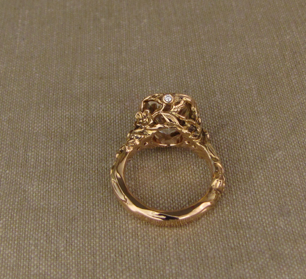 20K gold solitaire hand-carved with Japanese peach blossoms and honeybees