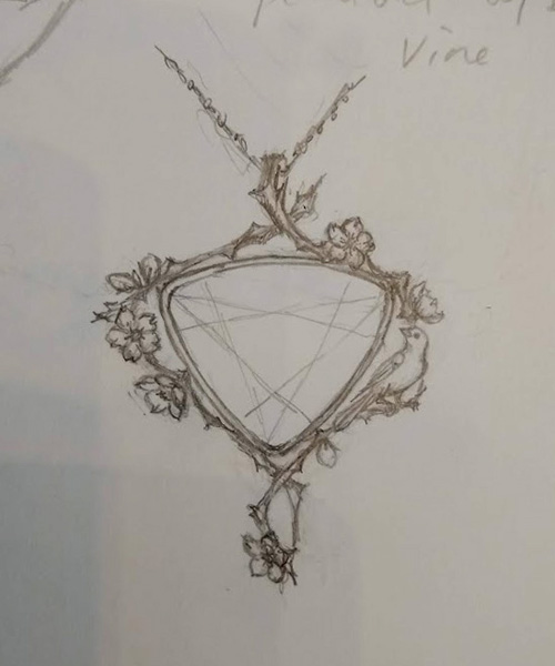 Custom designed & carved Amethyst pendant: 14K apple blossoms & songbird