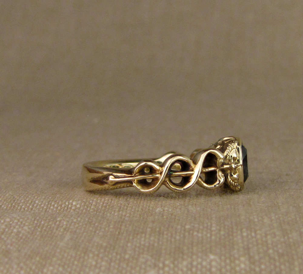 Custom hand-carved Rod of Asclepius & Caduceus & Oak & Acorn insignia Solitaire with Montana Sapphire, 14K