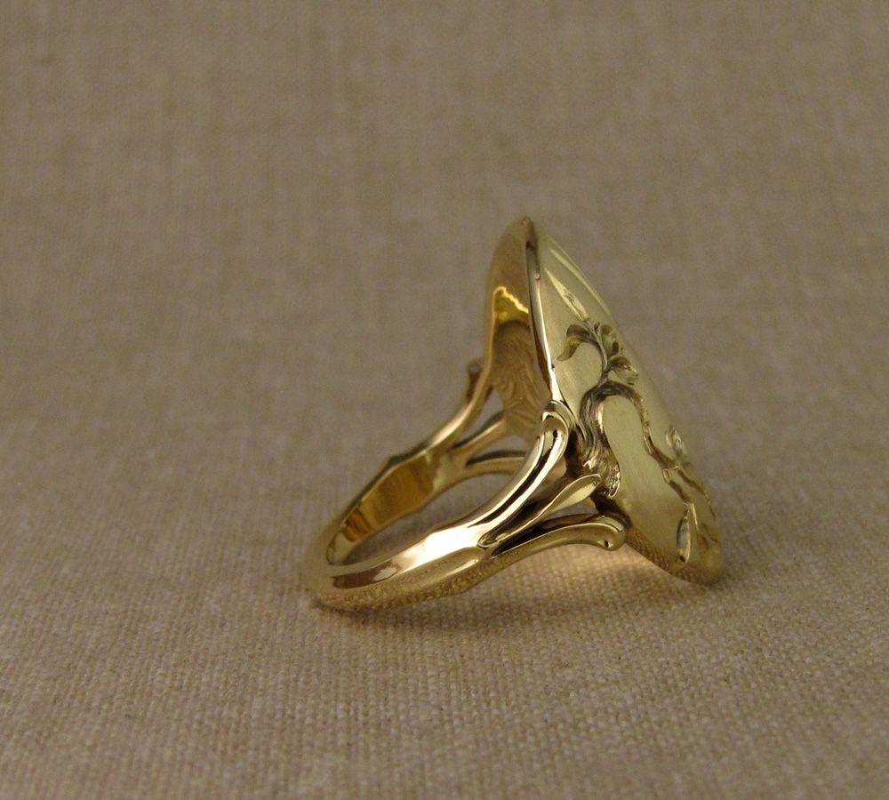 Hand-carved chickadee & apple blossom signet-style ring in 18K gold