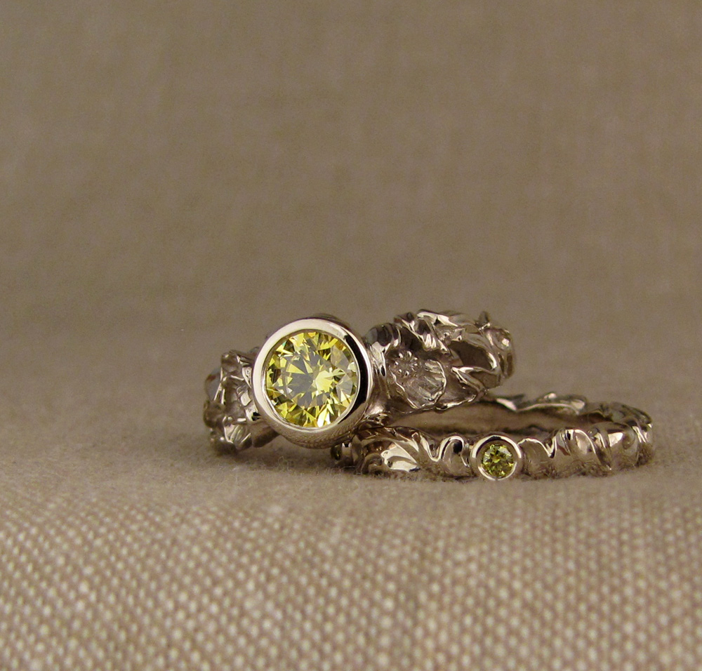 Custom designed & hand carved Poppy Solitaire & wedding band with fancy yellow diamond, 14K white gold