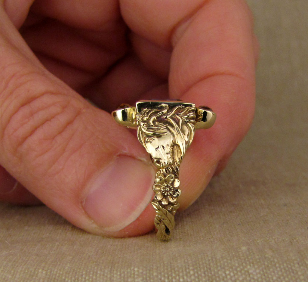 Custom designed & hand-carved Icelandic horse ring, Tanzanite and diamonds, 14K gold