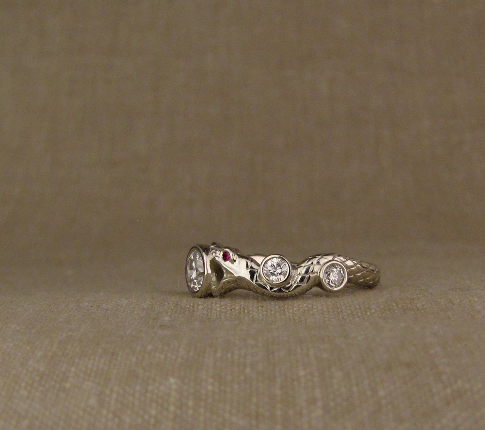 Custom designed & hand-carved Snake Eternity Band, 14K white gold, diamonds, ruby