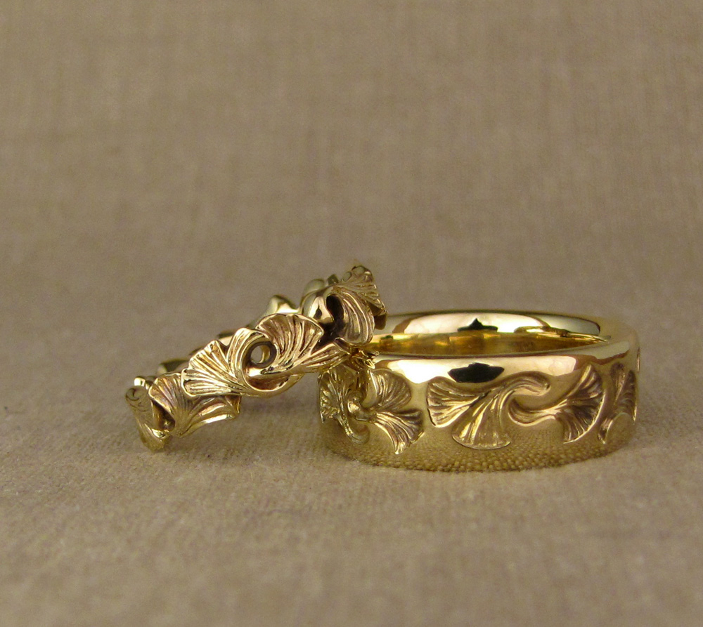 Hand-carved ginkgo wedding bands, 18K yellow gold