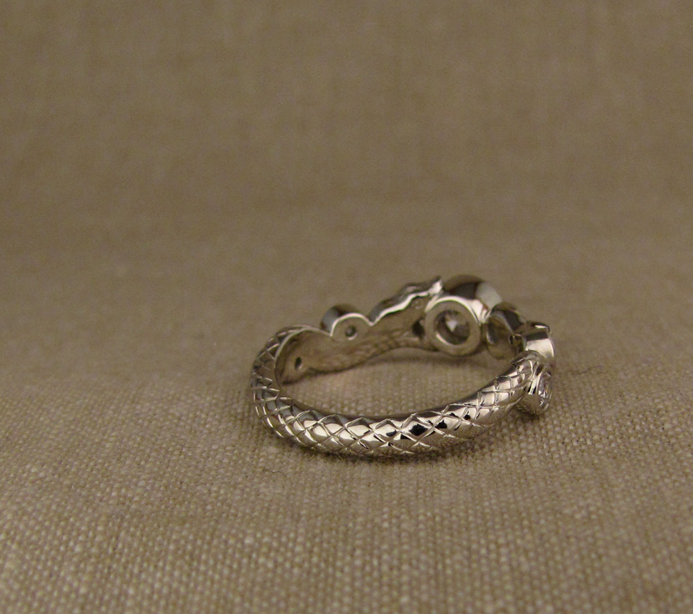Custom designed & hand-carved Snake Eternity Band, 14K white gold, diamonds, ruby