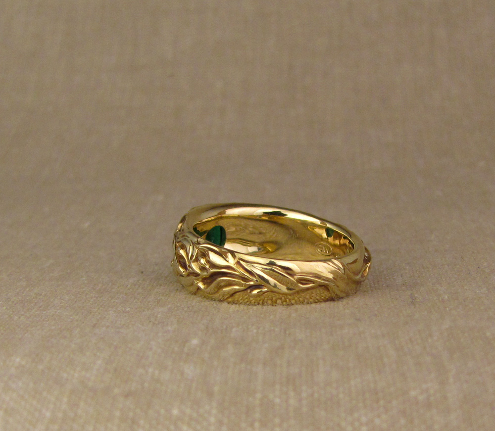 Custom designed & hand-carved Laurel motif Emerald Solitaire in 18K gold