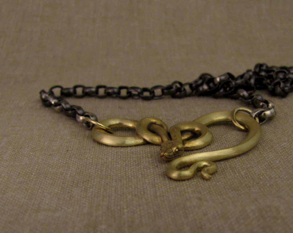 Custom designed & hand-carved snake neckpiece/necklace, 18K and sterling silver