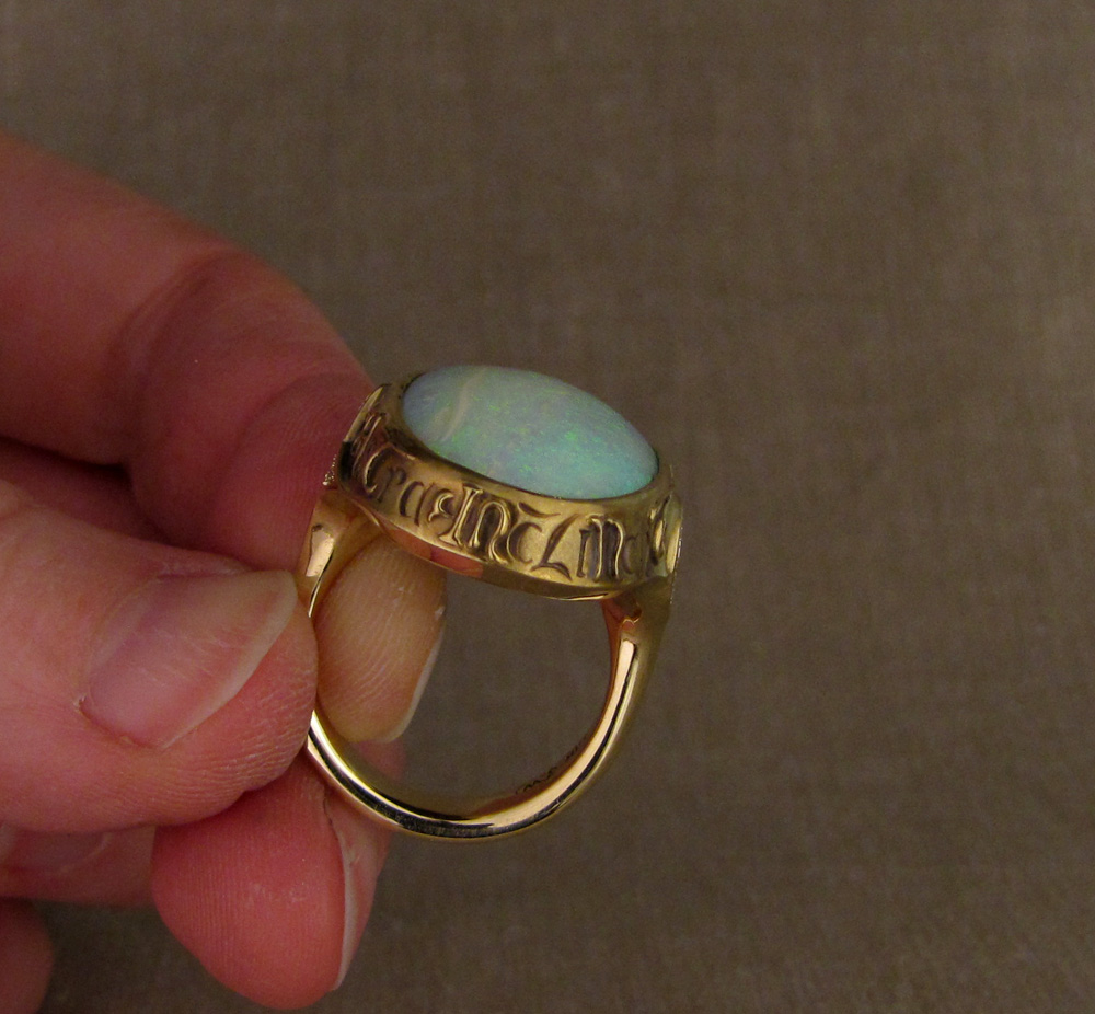 Custom designed & hand-carved Boulder Opal Ring, Latin inscription, 18K, opal, diamonds