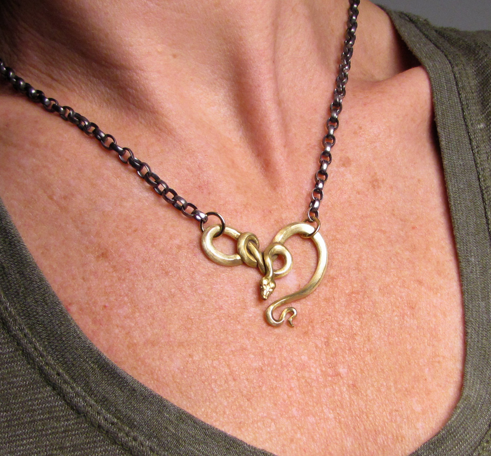 Custom designed & hand-carved snake neckpiece/necklace, 18K and sterling silver