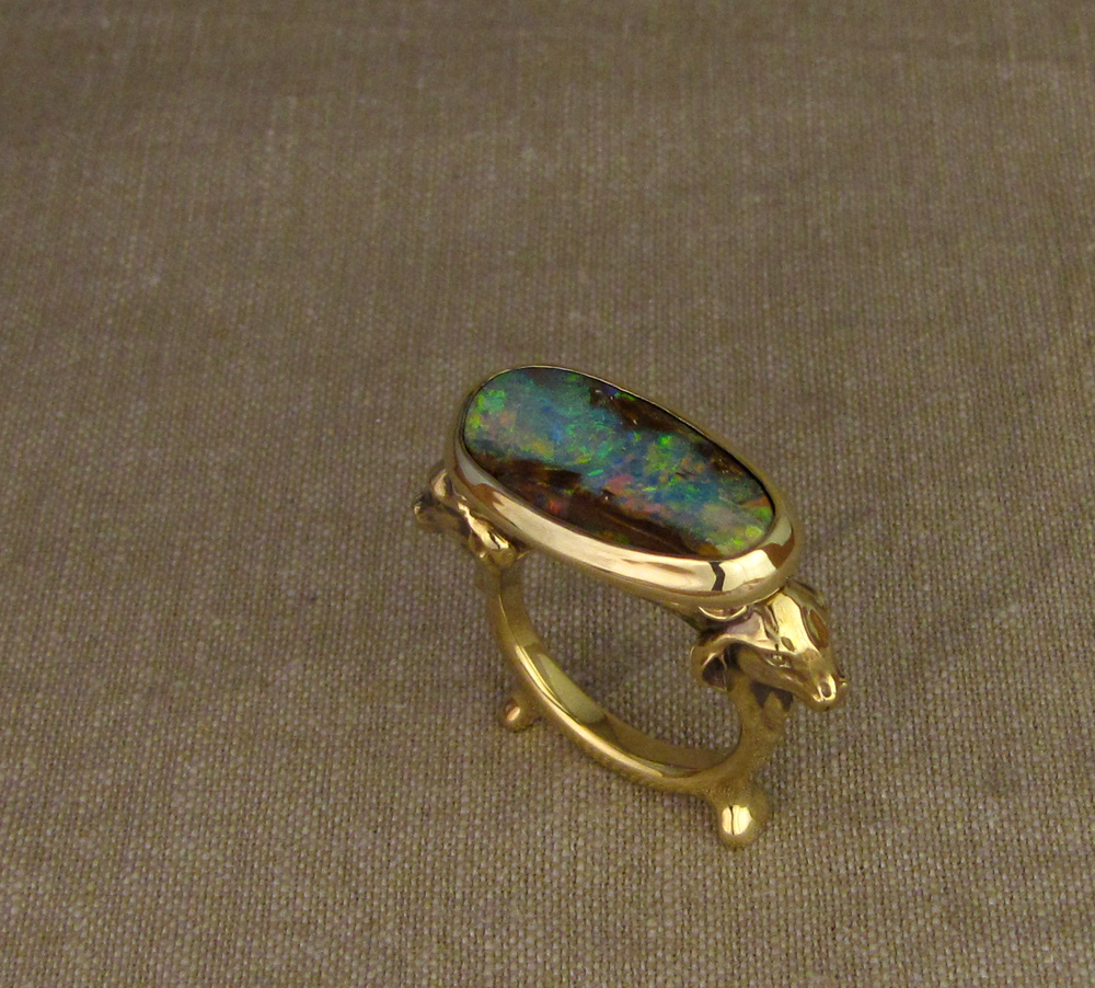 Custom hand-carved Indian Cows Ring with Australian Boulder Opal, 18K