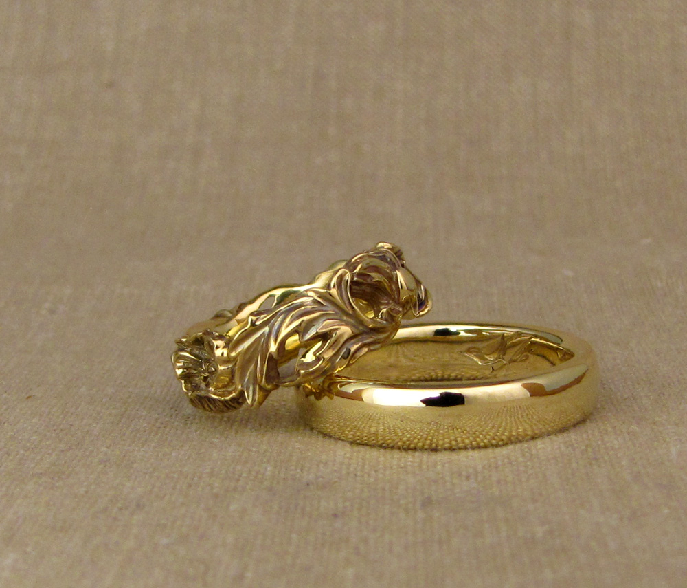 Hand-carved Poppy wedding band + Classic band with nuthatch/bird carved intaglio inside, 18K yellow gold 