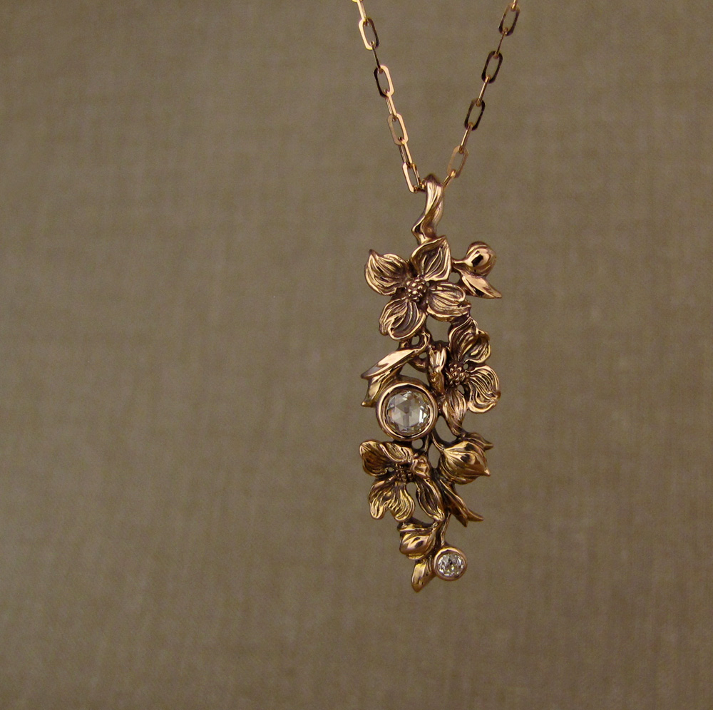 Hand-carved Dogwood Pendant, antique rose-cut diamond & OEC diamond accent, 19K rose gold